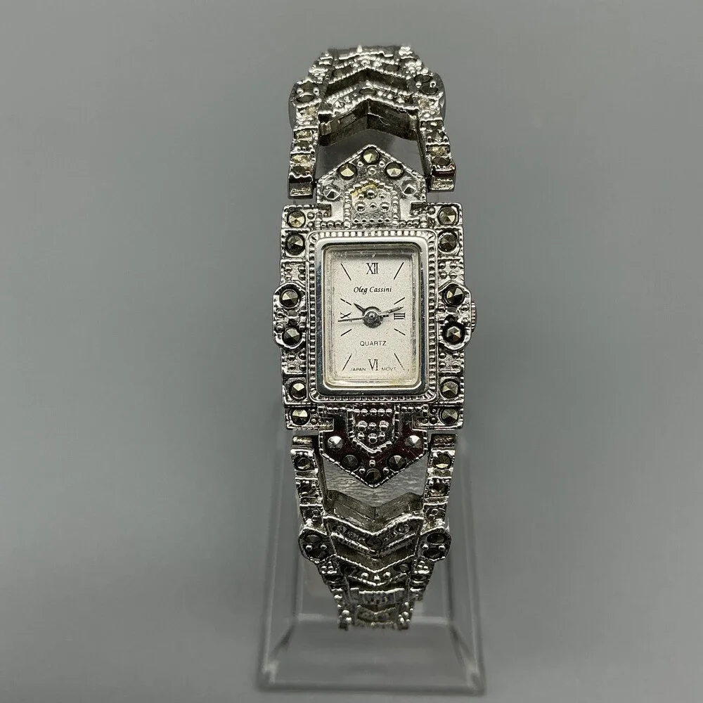 Vintage Oleg Cassini Womens Watch 18mm Marcasite Silver Tone New Battery 7.25